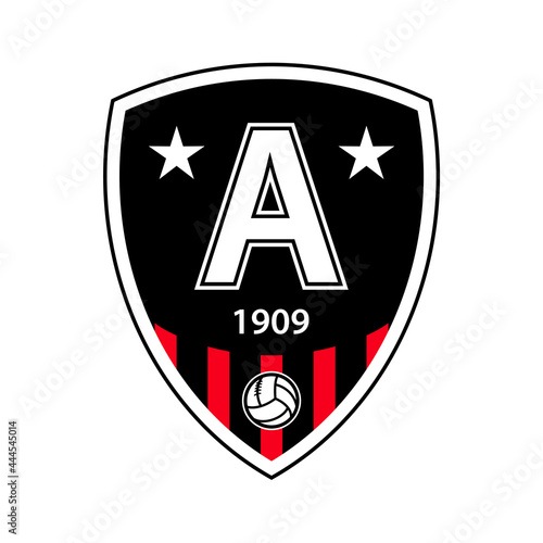 Football club emblem template for souvenir products. Logo with founding date, soccer ball and club colors. Vector illustration.