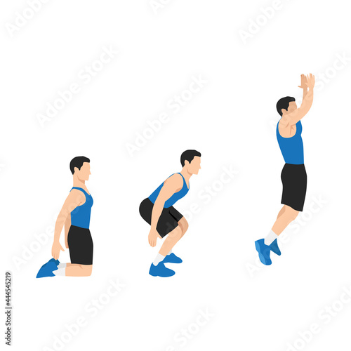 Man doing Floor. Power jumps. Knee to jump squats exercise. Flat vector illustration isolated on white background