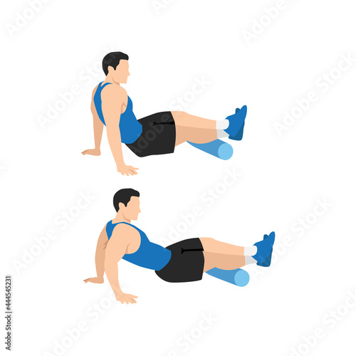 Man doing Foam roller calf. Calves stretch exercise. Flat vector illustration isolated on white background
