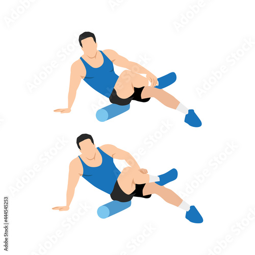 Man doing Foam roller flutes. butt stretch exercise. Flat vector illustration isolated on white background