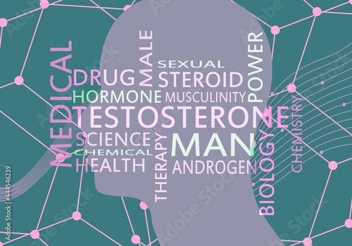 Hormone testosterone tags overlayed on the silhouette of the face