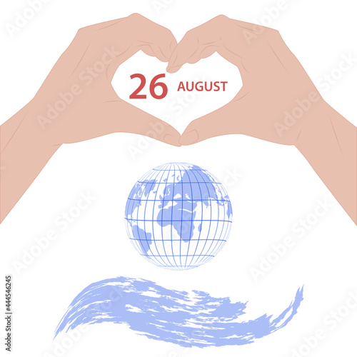 Two hands show heart, gender sign, globe - vector. Banner. Women's Equality Day. August, 26th.