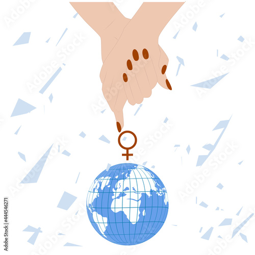 Female hands joined together, gender sign, globe - vector. Banner. Women's Equality Day. August, 26th