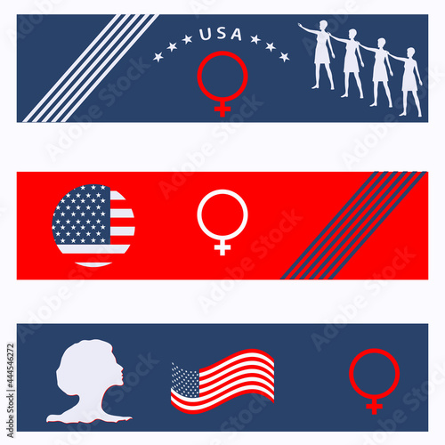 Women's Equality Day. August, 26th. Set Banner horizontal with symbols.