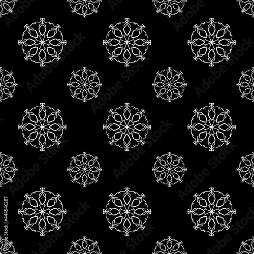 black and white hand drawn geometric and flower pattern, seamless repeat pattern for textile, web background packaging gift wrapper and more. Pattern swatches added to the swatch panel.