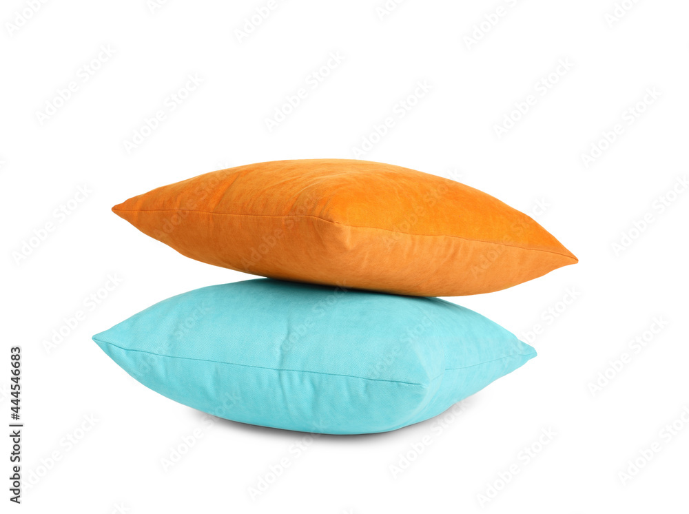Different colorful decorative pillows on white background