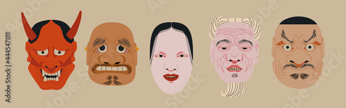 Vector set of different Japanese Noh masks for Japan theater. All elements are isolated.