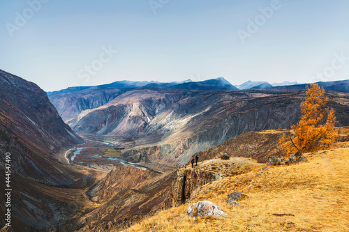 Russia, the Altai Republic. Picturesque view from the Katu-Yaryk pass to the Chulyshman River valley in autumn
