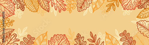 Autumn background with yellow and orange leaves. Leaf fall. Thanksgiving Day. Modern design template for sale, horizontal poster, header, cover, social media, fashion ads