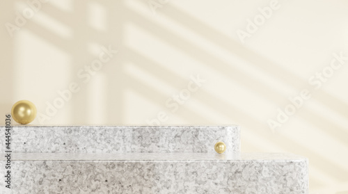 Abstract 3d rendering podium with geometric shapes shadow, circle mockup Terrazzo marble pedestal on floor. Platforms product presentation, composition design, showcase, cosmetics