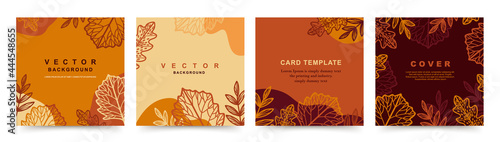 Autumn square templates with fall leaves and geometric shapes. Editable vector backgrounds for social media posts, sale, greeting cards, invitations, mobile apps, banners and web ads