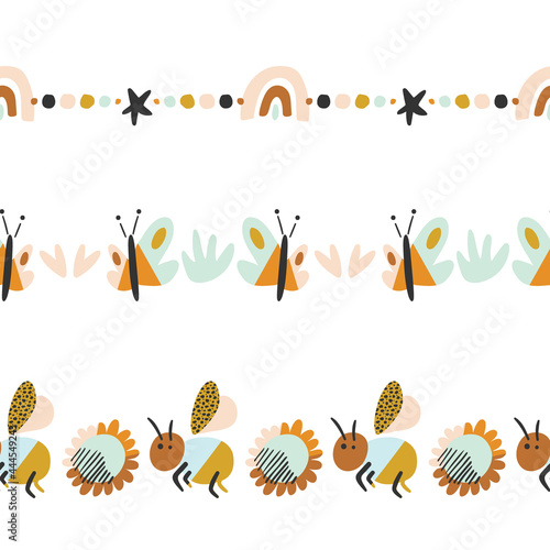 Cute Abstract Organic Nature Elements Vector Seamless Horizontal Borders Set