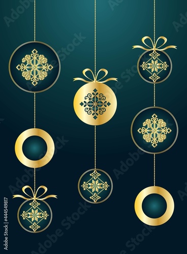 Set of rich golden christmas balls with ethnic slavic ornament illustration. Deep blue background design.