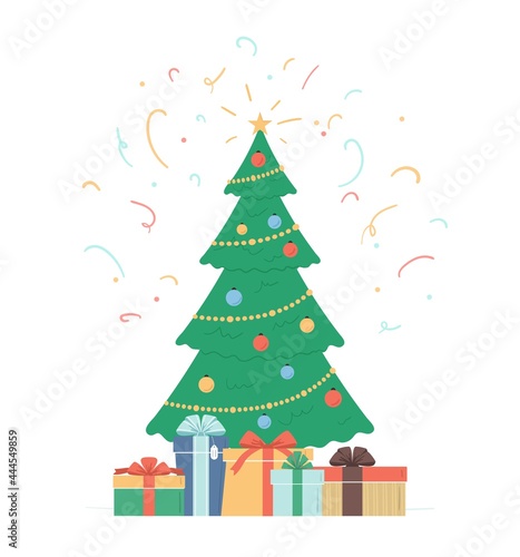Christmas tree with decorations, gift boxes under holiday tree and confetti in the air. Traditional winter holiday