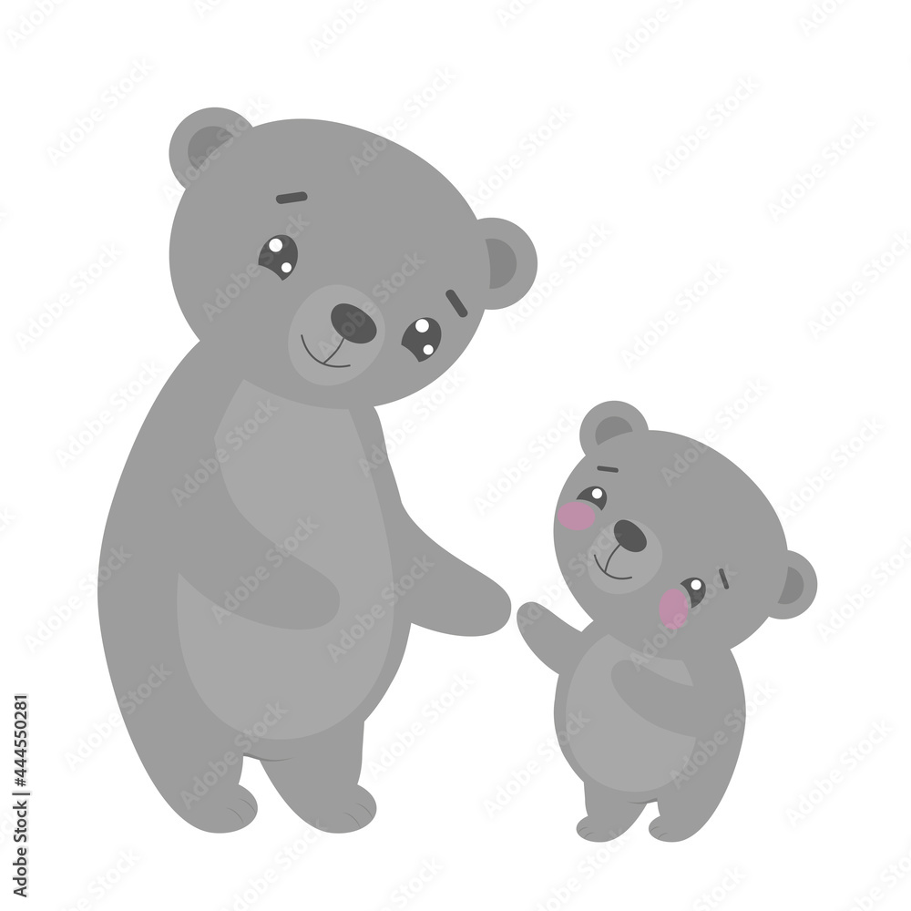 Naklejka premium Cute cartoon family mom bear and baby teddy. Concept of joyful childhood, happy motherhood. 