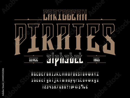 Vintage label style alphabet design with uppercase, lowercase, numbers and symbols