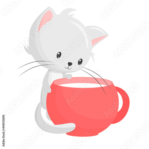 Children's illustration of a cute cartoon kitten with a big cup of milk idea for a nursery, poster, invitation, postcard