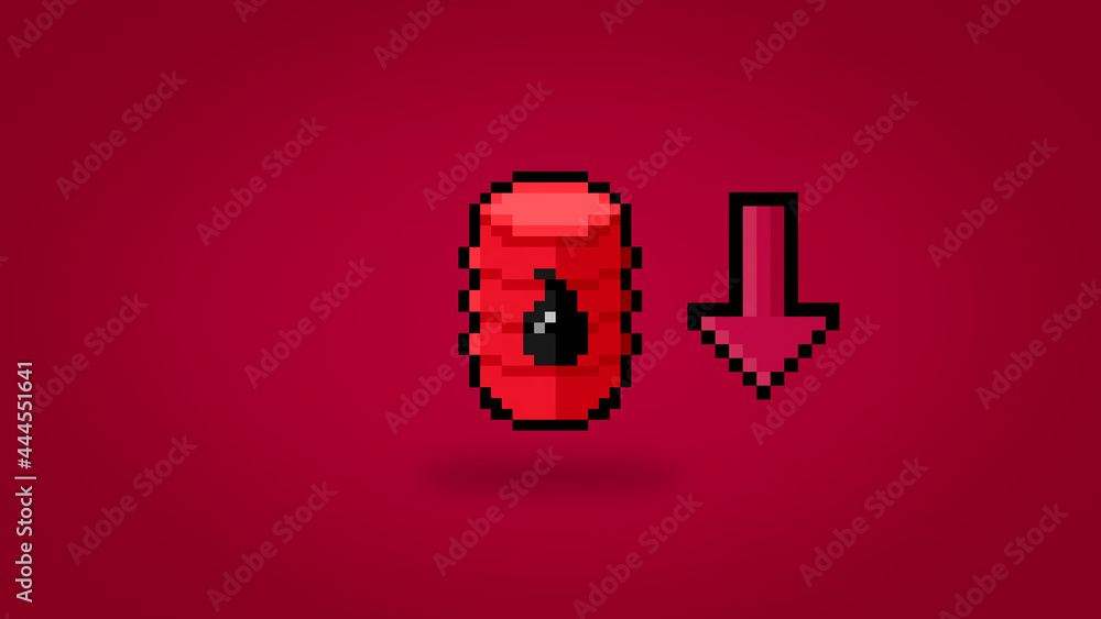 Obraz premium Pixel barrel of crude oil decreasing in value