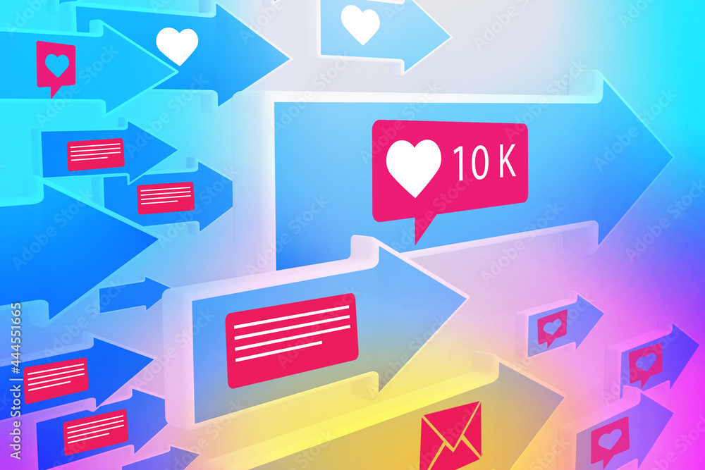 Social networks. Correspondence and likes on social networks. Arrows and labels of social networks. Communication on the Internet. Pink and blue theme of virtual communication. Magazine style collage Social networks. Correspondence and likes on social networks. Arrows and labels of social networks. Communication on the Internet. Pink and blue theme of virtual communication. Magazine style collage