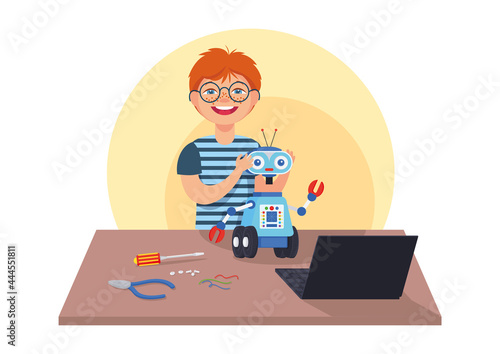 Schoolboy making robot. Children's robotics club, programming, constructor, engineering, technical education. School, summer camp. Vector illustration, cartoon character design. Sticker, logo, icon
