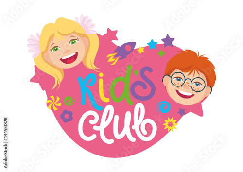 Kids club logo with happy cheerfull faces of boy and girl and fun simbols. Vector illustration, isolated, cartoon. Emblem, icon, simbol, sticker for children's educational or entertaining project
