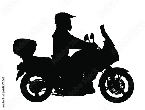 Biker driving a motorcycle rides on asphalt road vector silhouette illustration. Freedom activity. Road travel by bike. Man on motorcycle with helmet silhouette. Boy motorbike rider. Freedom concept.
