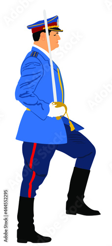 Army soldier with sword on ceremony marsh standing. Military parade vector illustration isolated on white. Veterans memorial day, 4th of July, Independence day. Officer saluting in uniform on defile.