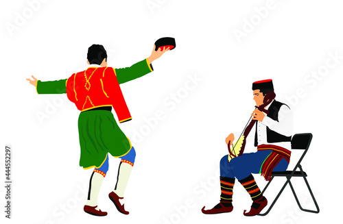 Montenegro traditional wedding dance Oro and Balkan music player, singer guslar play gusle vector illustration. Folklore event. Groom man dancer. Dancing with fiddle string instrument. Happy enjoying.