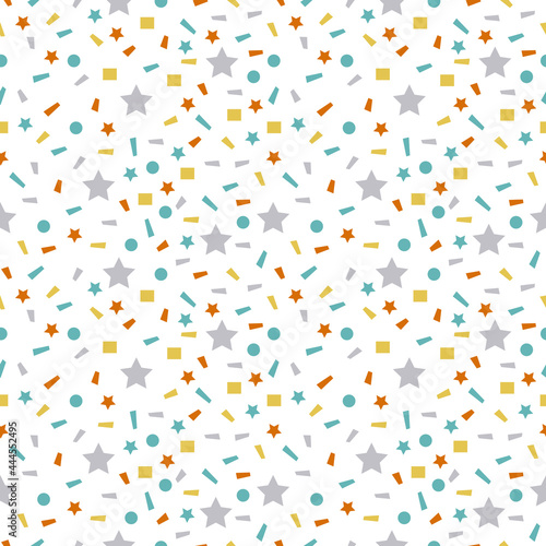 Abstract seamless pattern with squares, stars, lines and other elements. Cute print with trendy colour. Suitable for textiles, wrapping paper and various designs