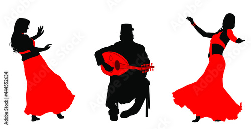 Arab musician man play oud lute mandola with sensual belly dancer woman coquette vector silhouette. Traditional oriental entertainment dance erotic lady. Middle east culture sheikh harem amusement 