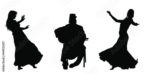 Arab musician man play oud lute mandola with sensual belly dancer woman coquette vector silhouette. Traditional oriental entertainment dance erotic lady. Middle east culture sheikh harem amusement 
