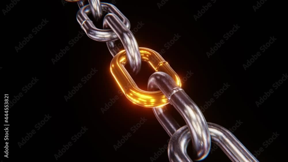 Realistic looping 3D animation of the golden link in a scratched grimy steel chain rendered in UHD Realistic looping 3D animation of the golden link in a scratched grimy steel chain rendered in UHD