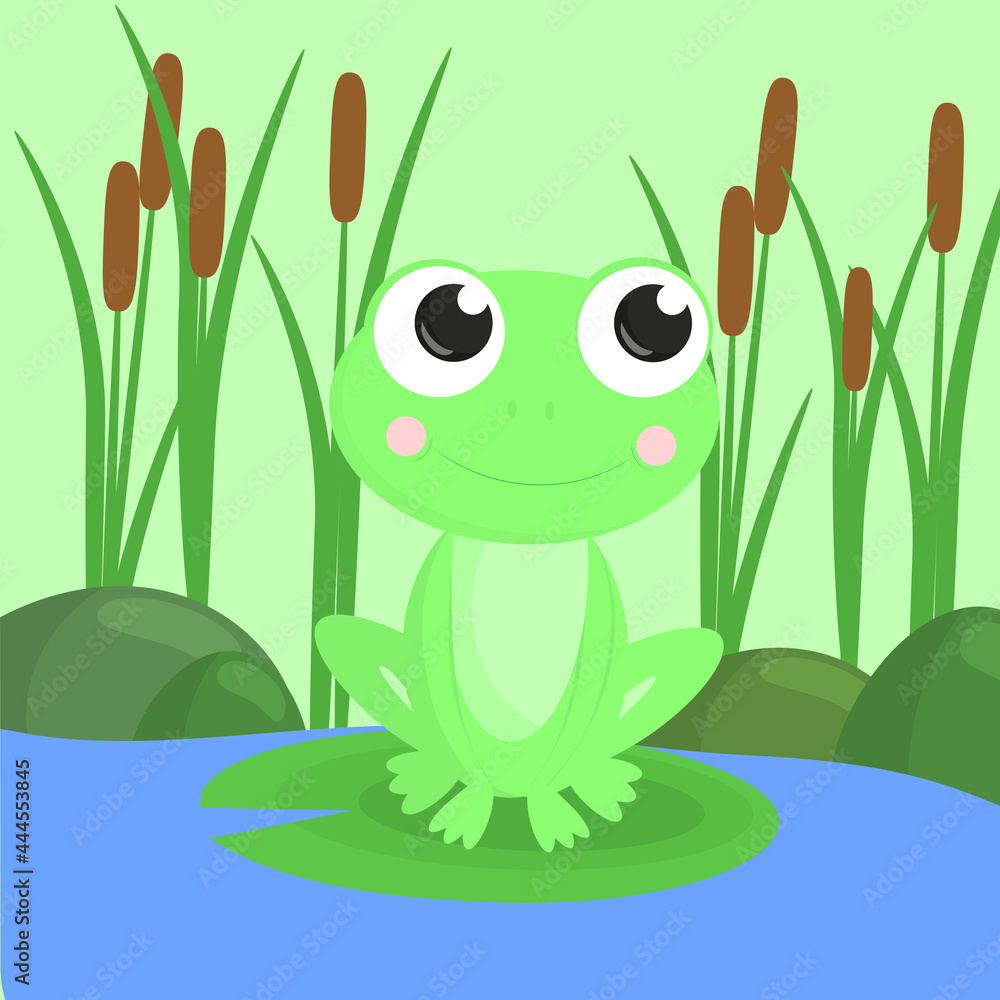 Fototapeta premium Cute cartoon baby frog on the background of a pond or swamp
