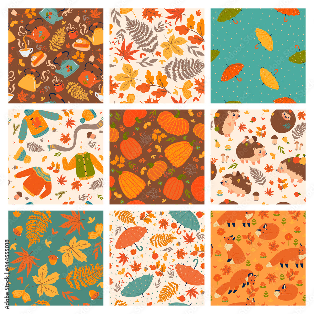 Set of nine cute autumn seamless patterns. Vector graphics.