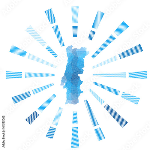 Portugal sunburst. Low poly striped rays and map of the country. Appealing vector illustration.
