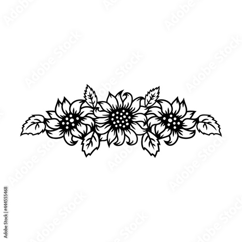 Sunflower or daisy border on white background. Vector illustration.