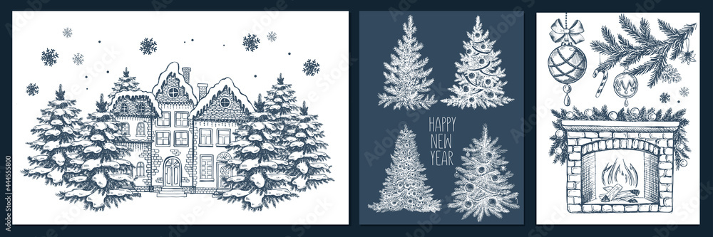 Christmas tree, fireplace, toys. Hand drawn illustration. Christmas tree, fireplace, toys. Hand drawn illustration.