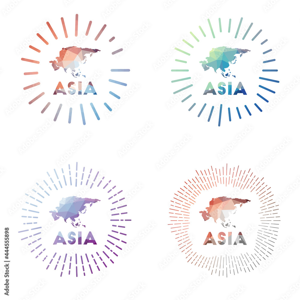 Asia low poly sunburst set. Logo of continent in geometric polygonal style. Vector illustration. Asia low poly sunburst set. Logo of continent in geometric polygonal style. Vector illustration.