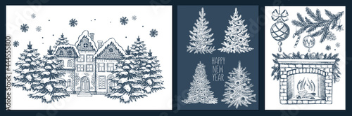 Christmas tree, fireplace, toys. Hand drawn illustration.	