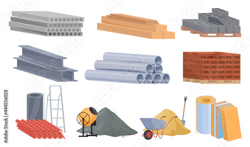 Collection construction materials vector flat illustration. Heaps of building material
