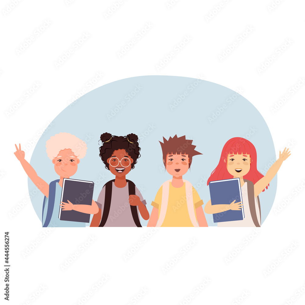 Set of boys and girls going to elementary or middle school .Back to school concept, children characters. Vector illustration in flat style Set of boys and girls going to elementary or middle school .Back to school concept, children characters. Vector illustration in flat style