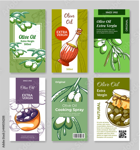 Collection of package vertical label olives vector flat sticker organic olive oil extra virgin