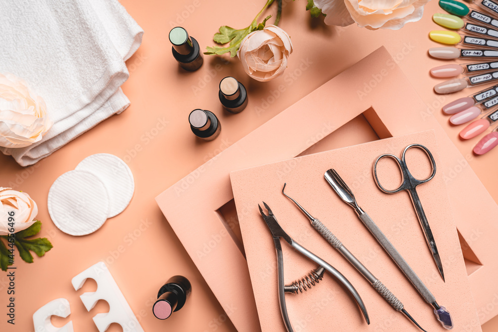 Set of manicure tools and accessories for hardware manicure, nail polish  and design on a pink background. Flat lay, top view with Copy space.  Stock-Foto | Adobe Stock