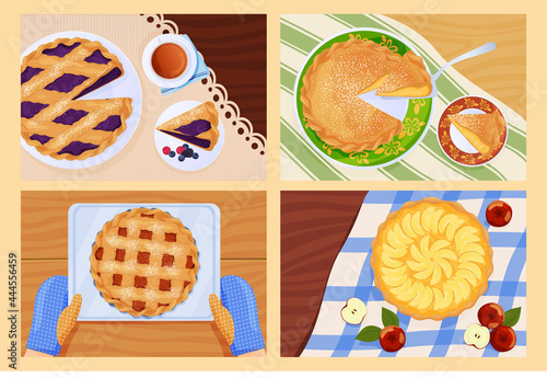 Collection of whole and slice pie top view on serving table with tablecloth vector flat illustration
