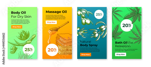 Collection of vertical stories body oil online shop template vector flat promo internet advertising