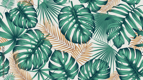Seamless pattern with bright green leaves of monstera and tropical plants on a light background, contemporary collage trendy exotic vector composition photo