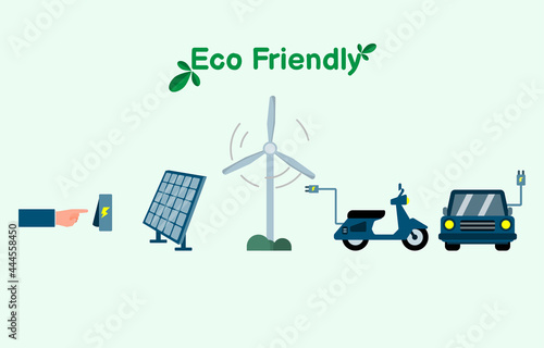 Eco environmentally friendly flat icon vector illustration, renewable energy such as solar and wind power and electric vehicles, including energy saving.