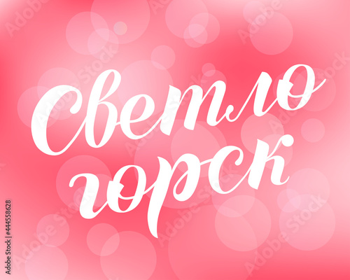 Hand drawn lettering on russian  Sveltogorsk  on pink bokeh background. City in Russia. Modern brush calligraphy vector. Print for logo  travel  map  catalog  web site  flag  poster  blog  banner.