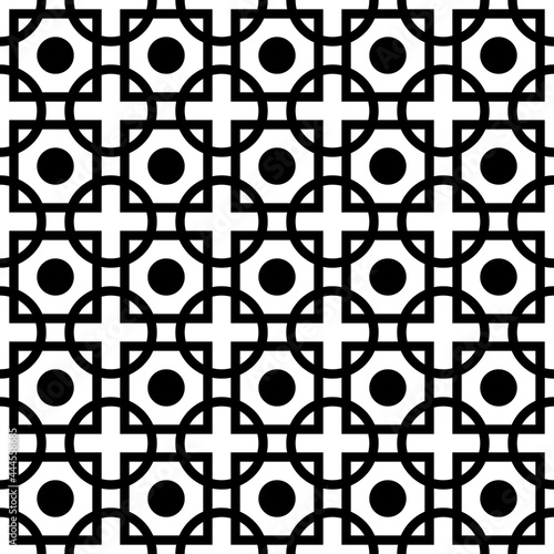 intersected outline squares and circles, monochrome vector geometrical seamless pattern