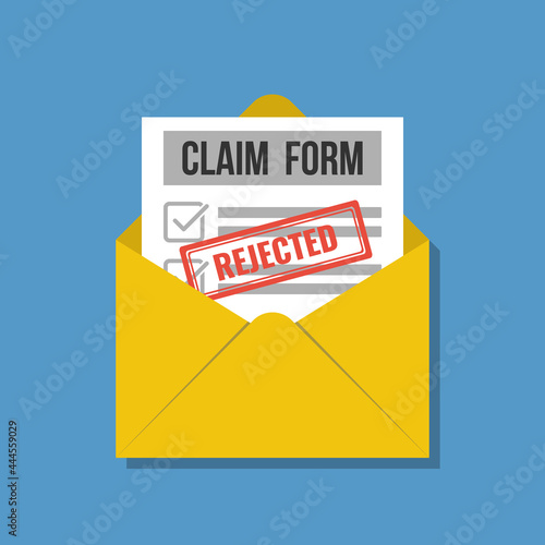 paper document claim form with stamp rejected in opened envelope, flat vector illustration
